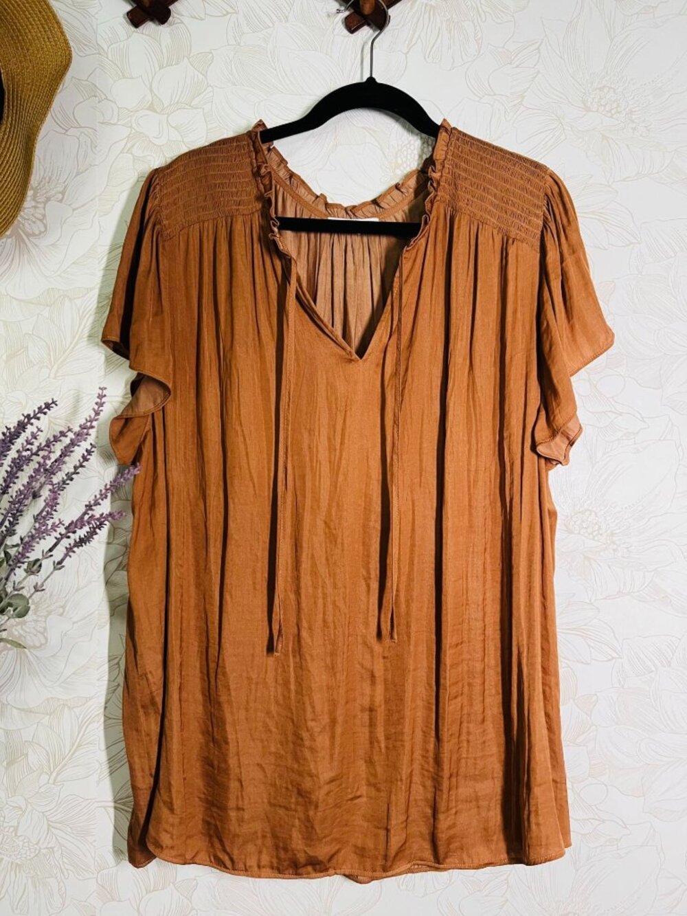 Maison D’Amelie 3x Ruffle Flutter Sleeve Peasant Blouse Rust Brown 3X Polyester